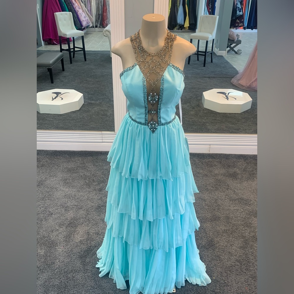Size 12. mint color. ruffled layered bottom. halter top. beaded dress with sheer